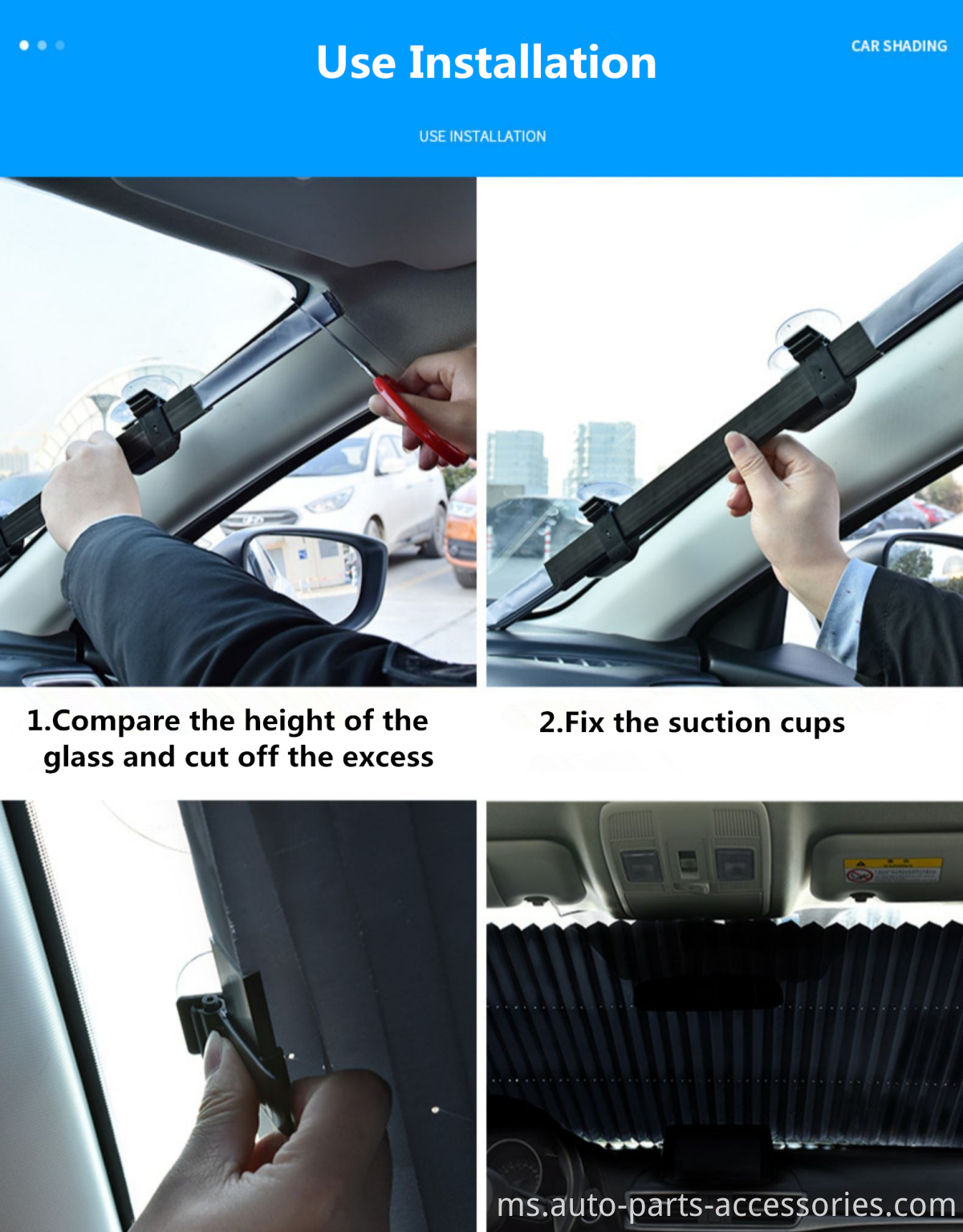 Harga borong boleh ditarik balik nilon kereta tirai depan cahaya matahari depan automatik